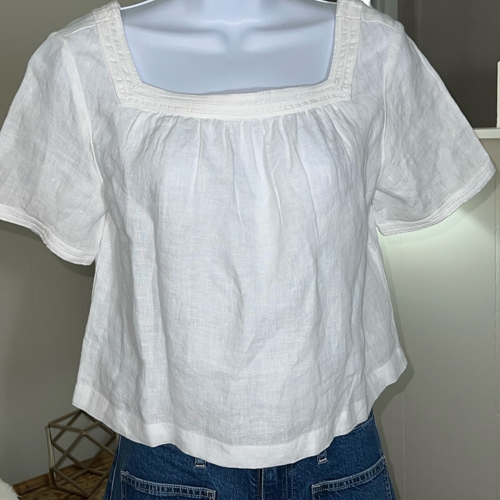 NWT J. Crew Linen Crop White Short Sleeve Blouse XS
